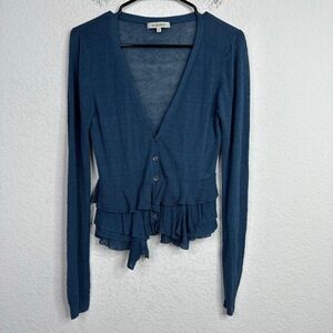 Veronika Maine Sweater Women M Blue Linen Button Ruffle Whimsical Fairy Cardigan
